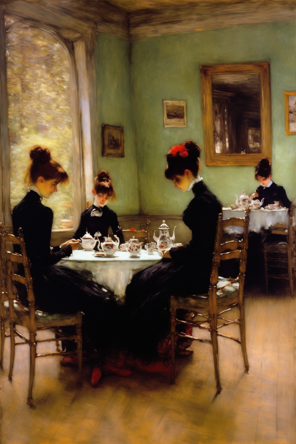 01078-2640546789-_lora_William Merritt Chase Style_1_William Merritt Chase Style - In a quiet afternoon, everyone sits at the table and drinks En.png